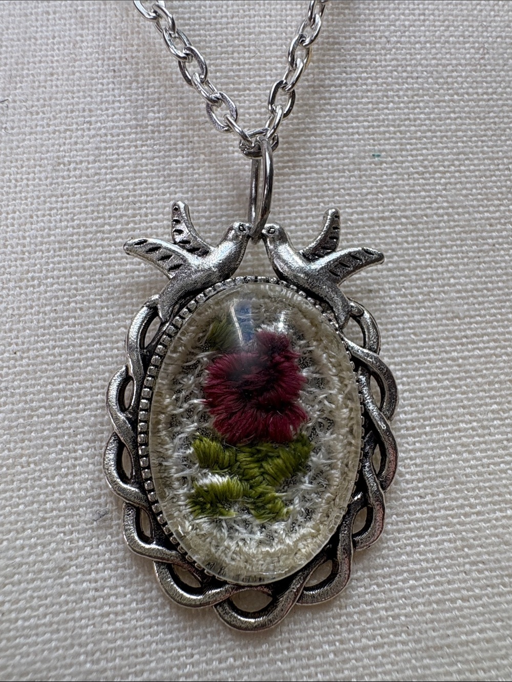 Embroidered Floral Bird Pendant Necklace | Cottagecore Folk Art Style